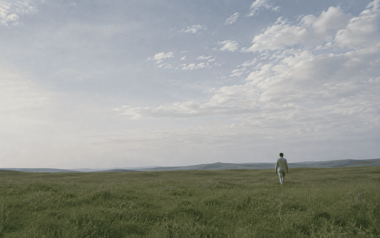 A man walking alone across a wide green field under a soft cloudy sky